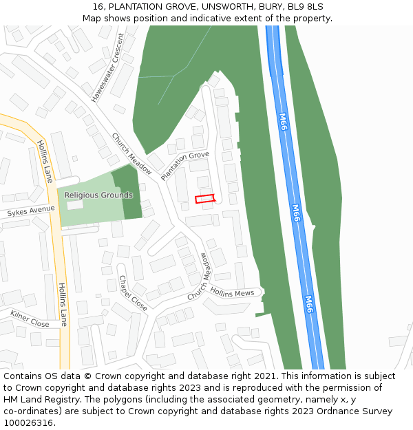 16, PLANTATION GROVE, UNSWORTH, BURY, BL9 8LS: Location map and indicative extent of plot