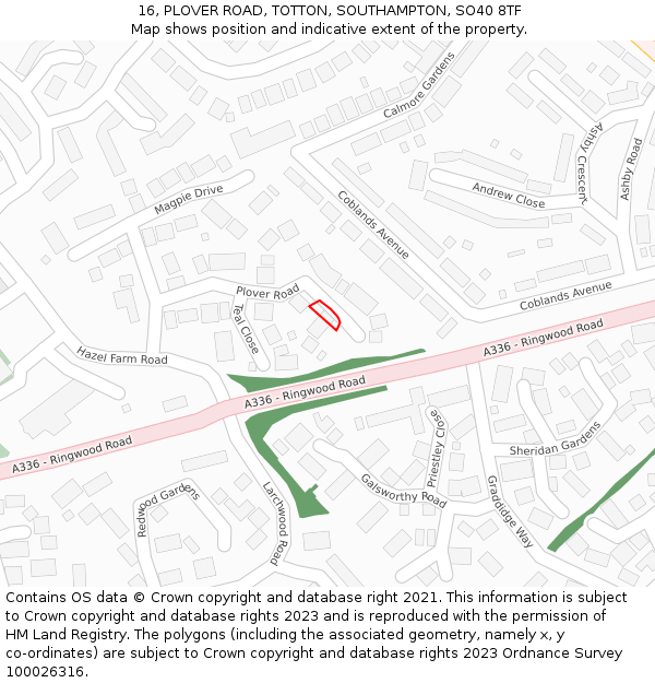 16, PLOVER ROAD, TOTTON, SOUTHAMPTON, SO40 8TF: Location map and indicative extent of plot