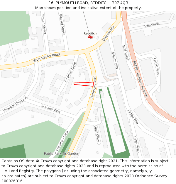 16, PLYMOUTH ROAD, REDDITCH, B97 4QB: Location map and indicative extent of plot