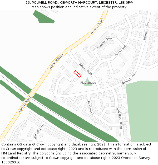 16, POLWELL ROAD, KIBWORTH HARCOURT, LEICESTER, LE8 0RW: Location map and indicative extent of plot