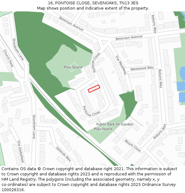 16, PONTOISE CLOSE, SEVENOAKS, TN13 3ES: Location map and indicative extent of plot