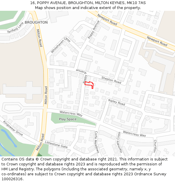 16, POPPY AVENUE, BROUGHTON, MILTON KEYNES, MK10 7AS: Location map and indicative extent of plot