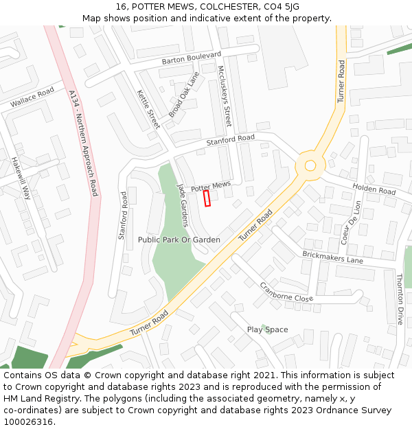 16, POTTER MEWS, COLCHESTER, CO4 5JG: Location map and indicative extent of plot