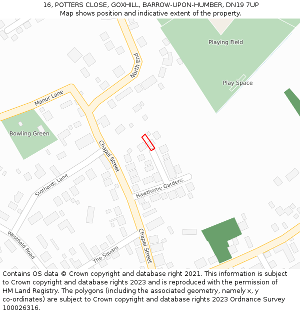 16, POTTERS CLOSE, GOXHILL, BARROW-UPON-HUMBER, DN19 7UP: Location map and indicative extent of plot