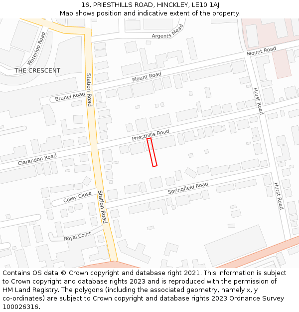 16, PRIESTHILLS ROAD, HINCKLEY, LE10 1AJ: Location map and indicative extent of plot