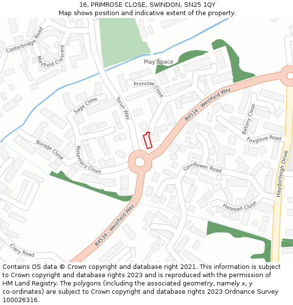 16, PRIMROSE CLOSE, SWINDON, SN25 1QY: Location map and indicative extent of plot