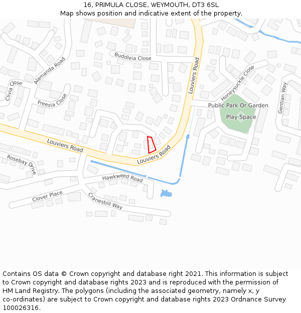 16, PRIMULA CLOSE, WEYMOUTH, DT3 6SL: Location map and indicative extent of plot