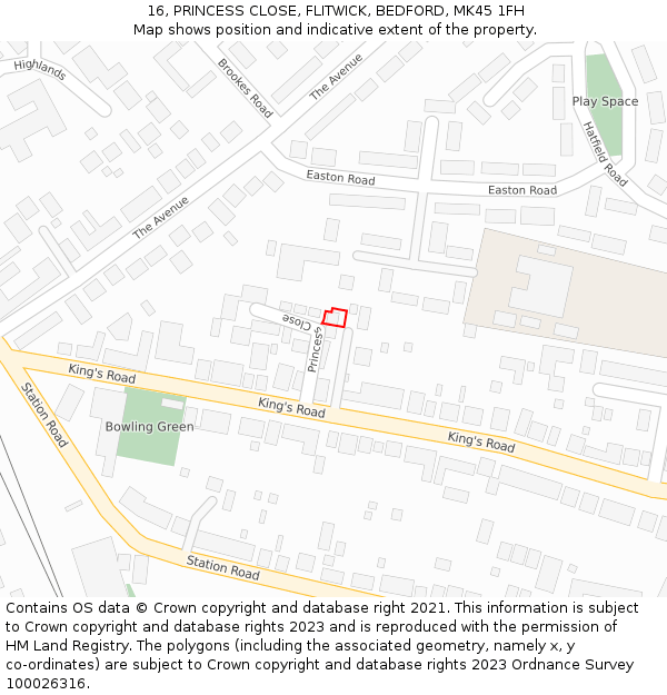 16, PRINCESS CLOSE, FLITWICK, BEDFORD, MK45 1FH: Location map and indicative extent of plot