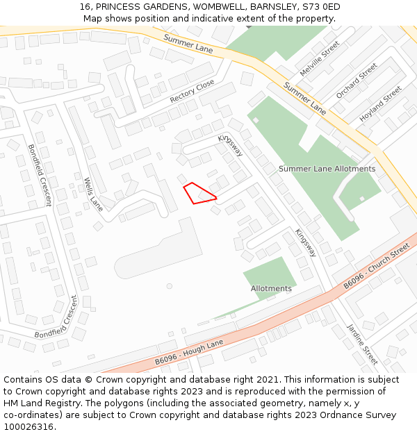 16, PRINCESS GARDENS, WOMBWELL, BARNSLEY, S73 0ED: Location map and indicative extent of plot