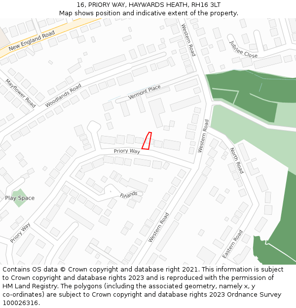 16, PRIORY WAY, HAYWARDS HEATH, RH16 3LT: Location map and indicative extent of plot