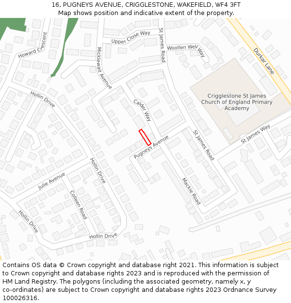 16, PUGNEYS AVENUE, CRIGGLESTONE, WAKEFIELD, WF4 3FT: Location map and indicative extent of plot
