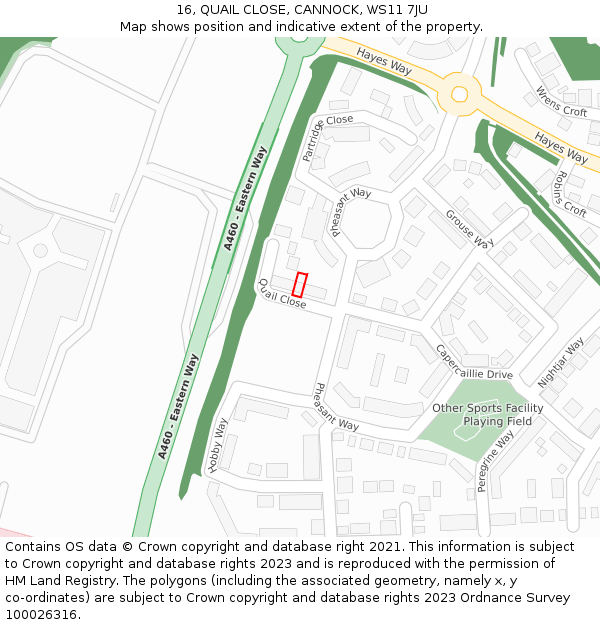 16, QUAIL CLOSE, CANNOCK, WS11 7JU: Location map and indicative extent of plot