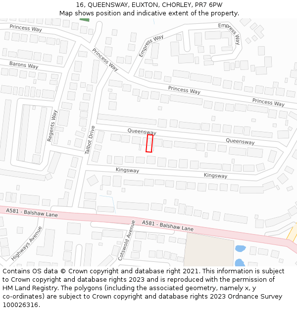 16, QUEENSWAY, EUXTON, CHORLEY, PR7 6PW: Location map and indicative extent of plot