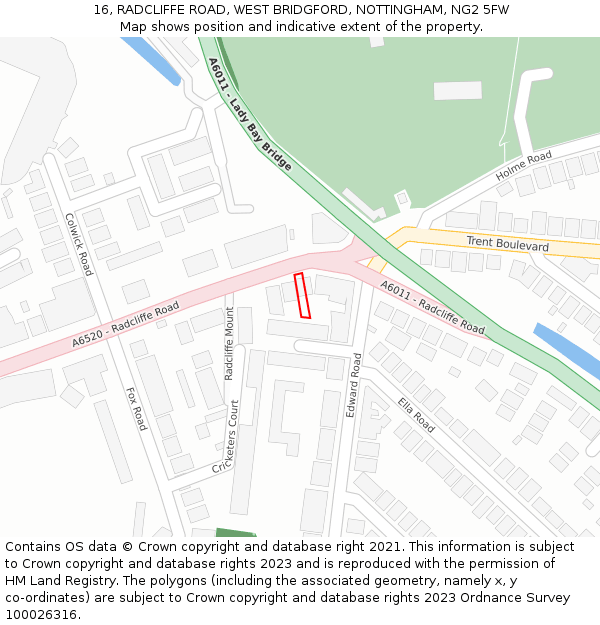 16, RADCLIFFE ROAD, WEST BRIDGFORD, NOTTINGHAM, NG2 5FW: Location map and indicative extent of plot