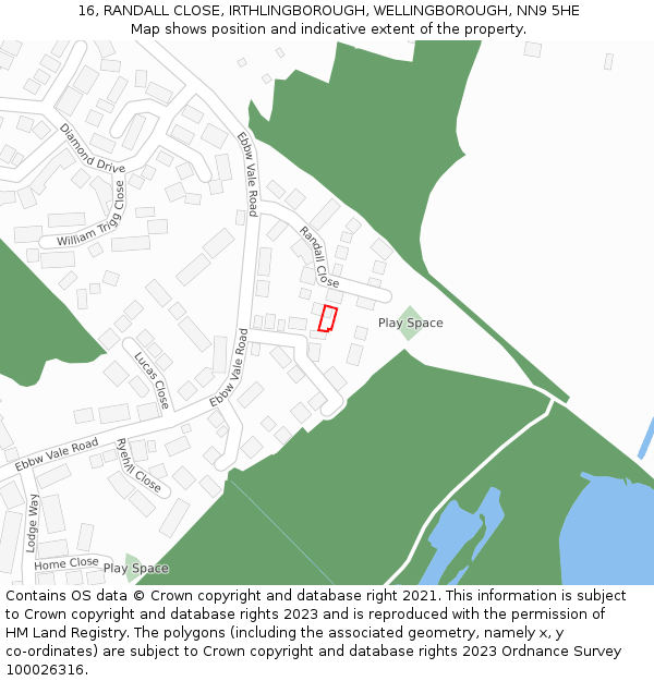 16, RANDALL CLOSE, IRTHLINGBOROUGH, WELLINGBOROUGH, NN9 5HE: Location map and indicative extent of plot