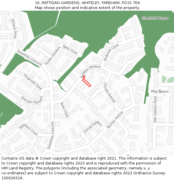 16, RATTIGAN GARDENS, WHITELEY, FAREHAM, PO15 7EA: Location map and indicative extent of plot