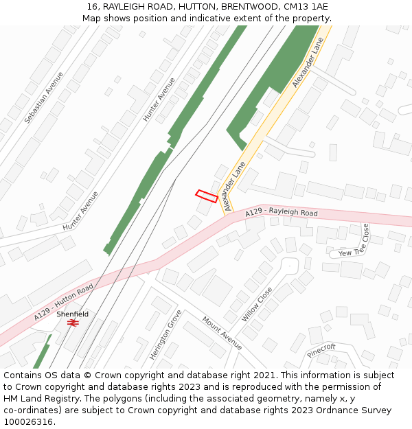 16, RAYLEIGH ROAD, HUTTON, BRENTWOOD, CM13 1AE: Location map and indicative extent of plot