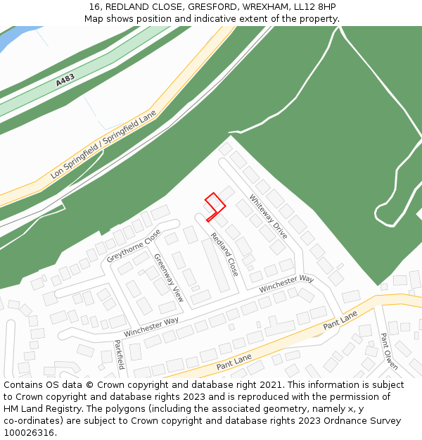 16, REDLAND CLOSE, GRESFORD, WREXHAM, LL12 8HP: Location map and indicative extent of plot