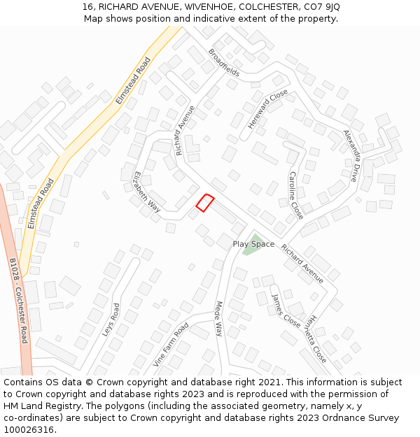 16, RICHARD AVENUE, WIVENHOE, COLCHESTER, CO7 9JQ: Location map and indicative extent of plot