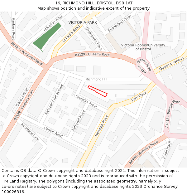 16, RICHMOND HILL, BRISTOL, BS8 1AT: Location map and indicative extent of plot