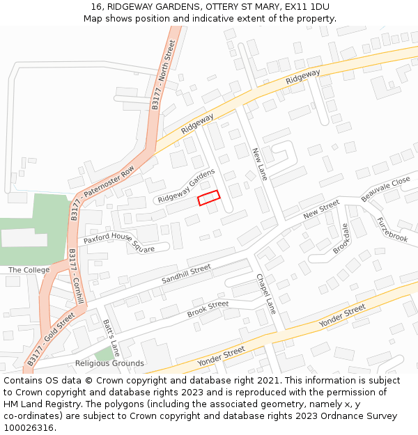 16, RIDGEWAY GARDENS, OTTERY ST MARY, EX11 1DU: Location map and indicative extent of plot