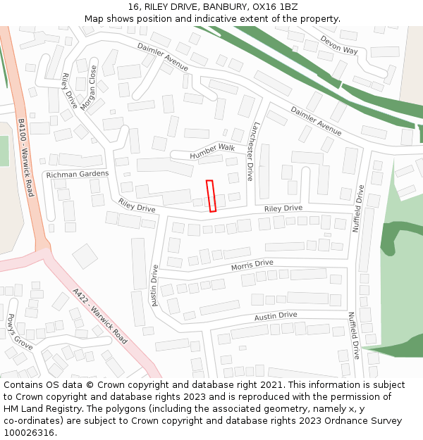 16, RILEY DRIVE, BANBURY, OX16 1BZ: Location map and indicative extent of plot