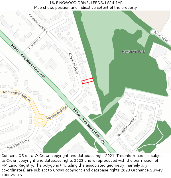 16, RINGWOOD DRIVE, LEEDS, LS14 1AP: Location map and indicative extent of plot