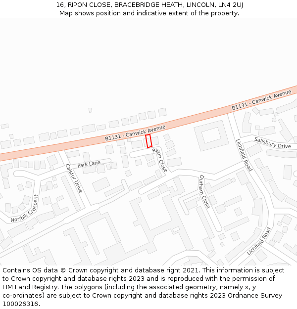 16, RIPON CLOSE, BRACEBRIDGE HEATH, LINCOLN, LN4 2UJ: Location map and indicative extent of plot