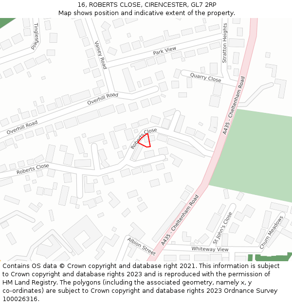 16, ROBERTS CLOSE, CIRENCESTER, GL7 2RP: Location map and indicative extent of plot