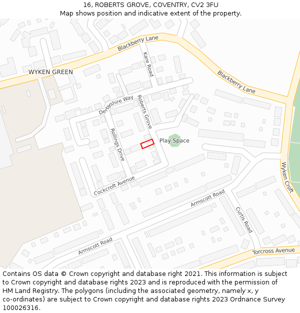 16, ROBERTS GROVE, COVENTRY, CV2 3FU: Location map and indicative extent of plot