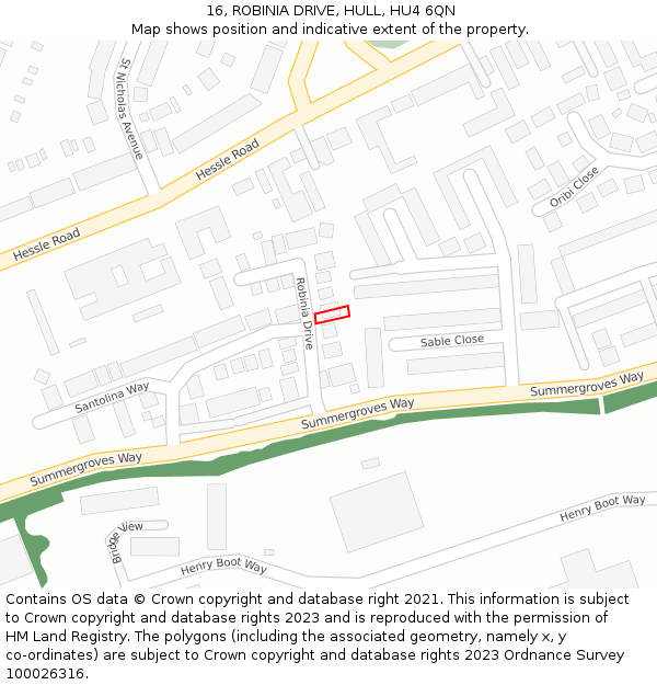 16, ROBINIA DRIVE, HULL, HU4 6QN: Location map and indicative extent of plot