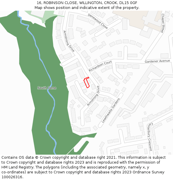 16, ROBINSON CLOSE, WILLINGTON, CROOK, DL15 0GF: Location map and indicative extent of plot