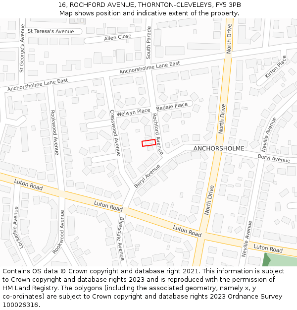 16, ROCHFORD AVENUE, THORNTON-CLEVELEYS, FY5 3PB: Location map and indicative extent of plot