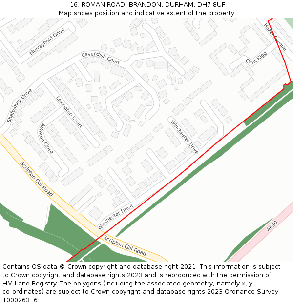 16, ROMAN ROAD, BRANDON, DURHAM, DH7 8UF: Location map and indicative extent of plot