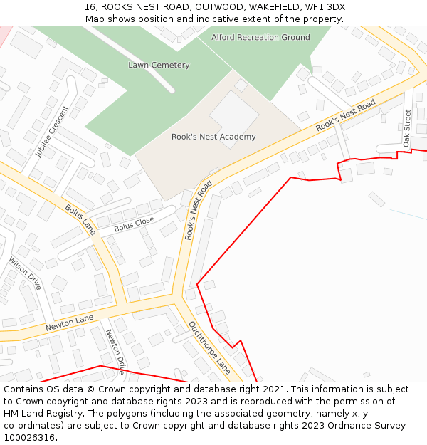 16, ROOKS NEST ROAD, OUTWOOD, WAKEFIELD, WF1 3DX: Location map and indicative extent of plot