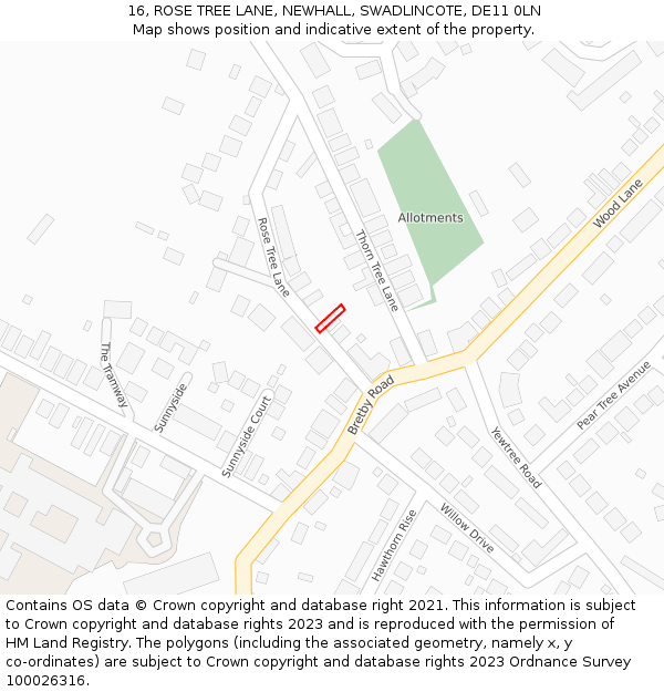 16, ROSE TREE LANE, NEWHALL, SWADLINCOTE, DE11 0LN: Location map and indicative extent of plot