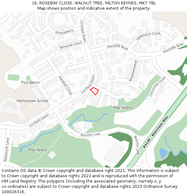 16, ROSEBAY CLOSE, WALNUT TREE, MILTON KEYNES, MK7 7BL: Location map and indicative extent of plot