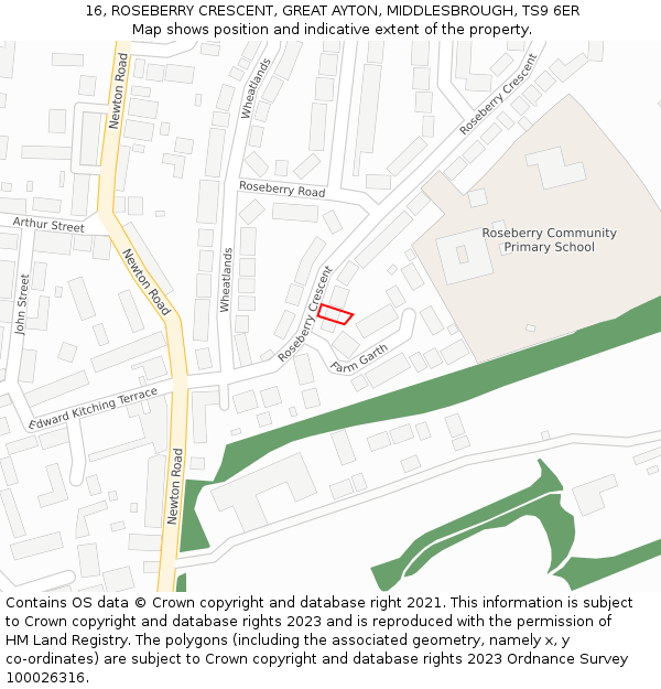 16, ROSEBERRY CRESCENT, GREAT AYTON, MIDDLESBROUGH, TS9 6ER: Location map and indicative extent of plot