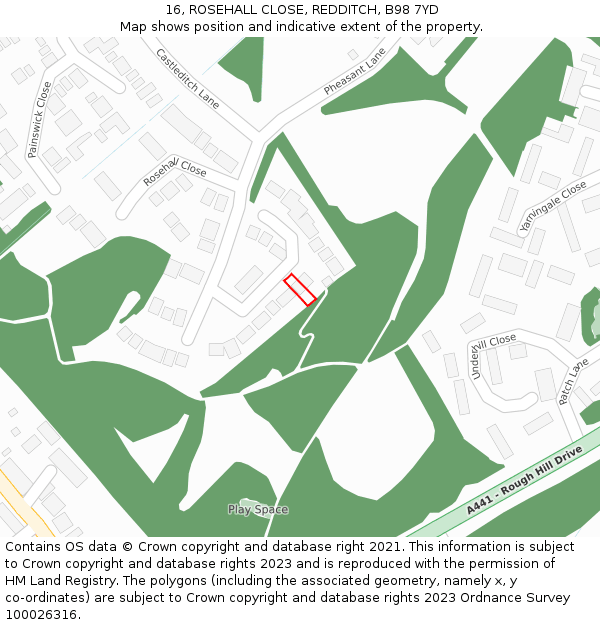 16, ROSEHALL CLOSE, REDDITCH, B98 7YD: Location map and indicative extent of plot