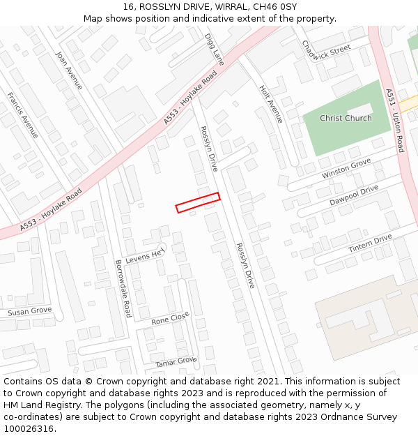 16, ROSSLYN DRIVE, WIRRAL, CH46 0SY: Location map and indicative extent of plot