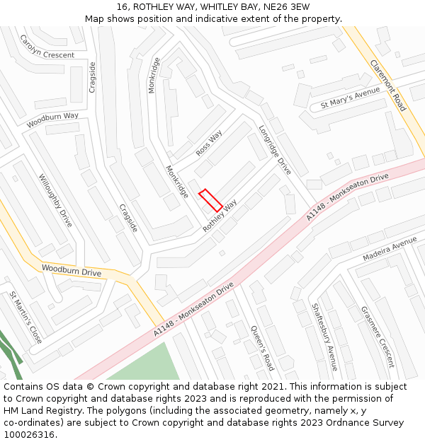 16, ROTHLEY WAY, WHITLEY BAY, NE26 3EW: Location map and indicative extent of plot