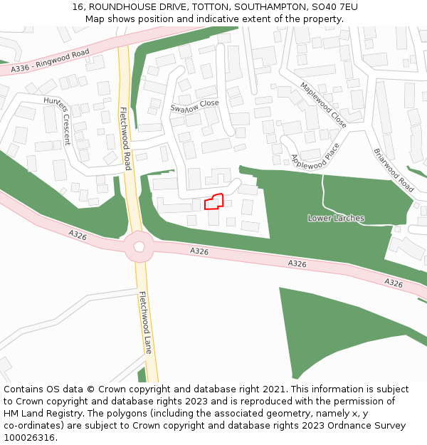 16, ROUNDHOUSE DRIVE, TOTTON, SOUTHAMPTON, SO40 7EU: Location map and indicative extent of plot