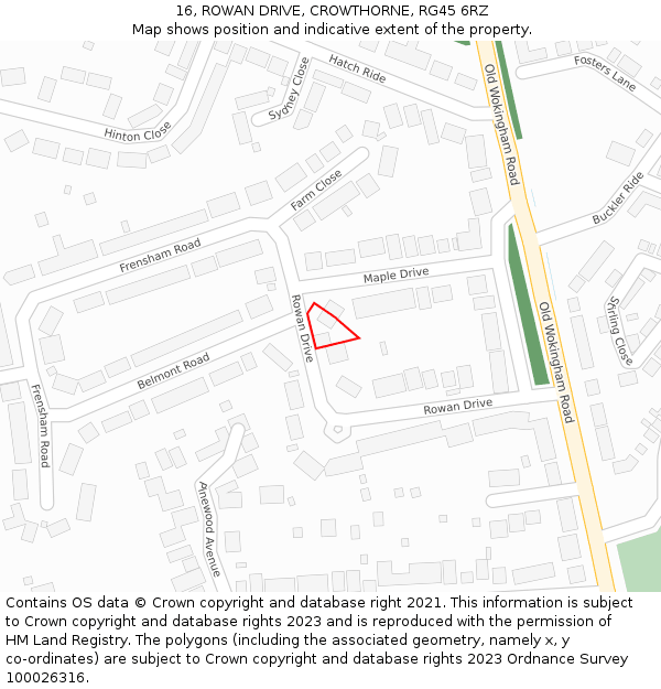 16, ROWAN DRIVE, CROWTHORNE, RG45 6RZ: Location map and indicative extent of plot