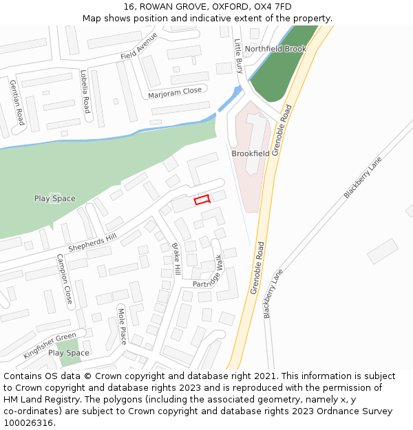 16, ROWAN GROVE, OXFORD, OX4 7FD: Location map and indicative extent of plot