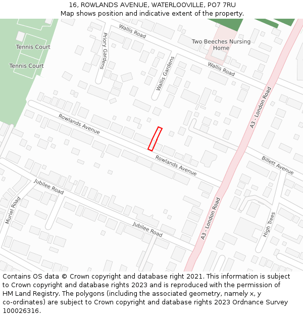 16, ROWLANDS AVENUE, WATERLOOVILLE, PO7 7RU: Location map and indicative extent of plot