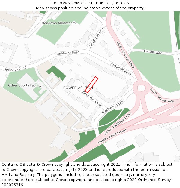 16, ROWNHAM CLOSE, BRISTOL, BS3 2JN: Location map and indicative extent of plot