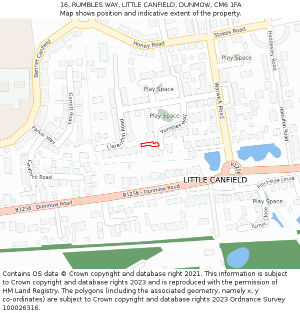 16, RUMBLES WAY, LITTLE CANFIELD, DUNMOW, CM6 1FA: Location map and indicative extent of plot