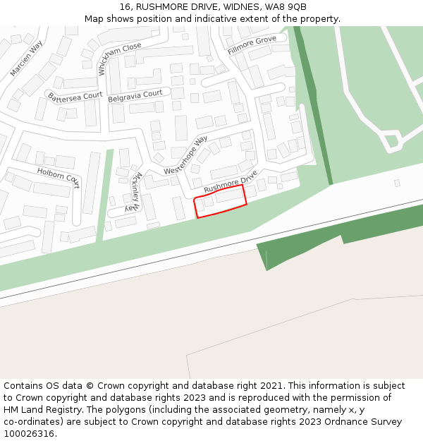 16, RUSHMORE DRIVE, WIDNES, WA8 9QB: Location map and indicative extent of plot