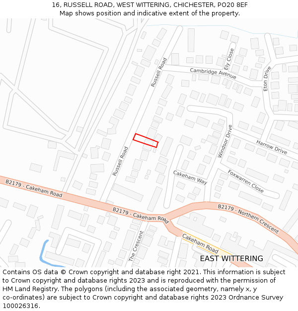 16, RUSSELL ROAD, WEST WITTERING, CHICHESTER, PO20 8EF: Location map and indicative extent of plot