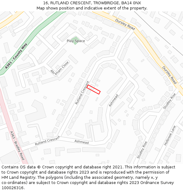 16, RUTLAND CRESCENT, TROWBRIDGE, BA14 0NX: Location map and indicative extent of plot